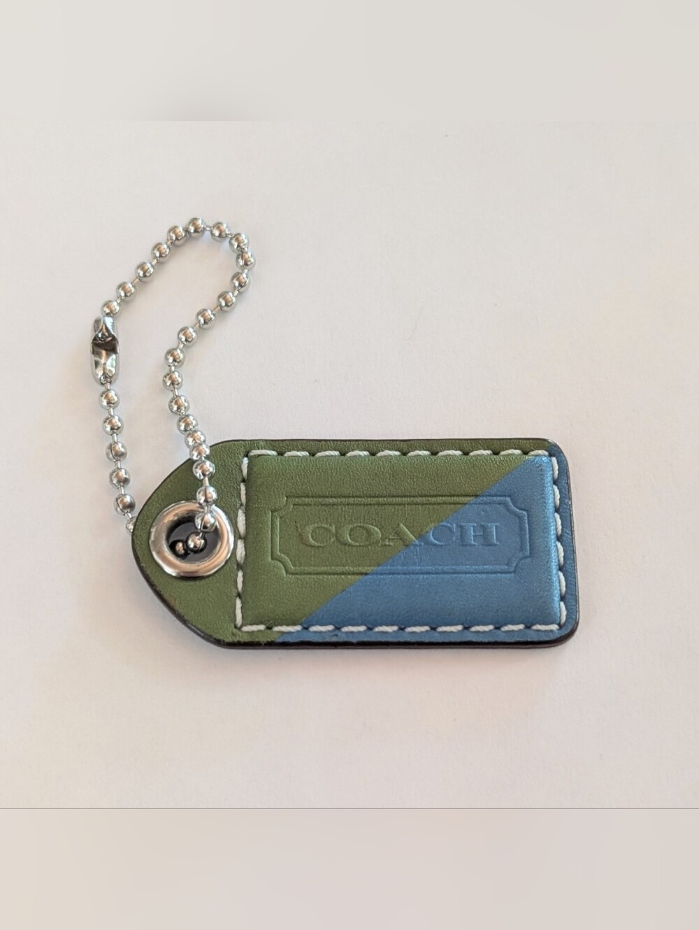 COACH Green and Blue Two-Tone 2.5" Embossed Logo Leather Key Tag Bag Charm